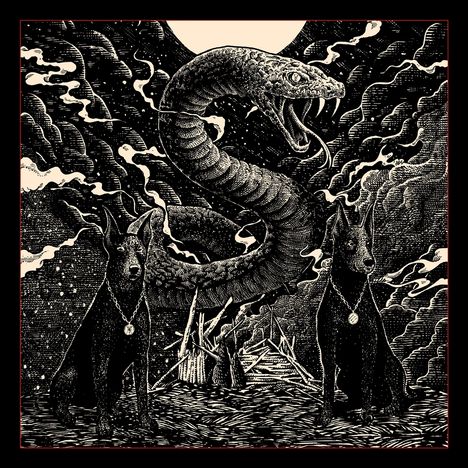 Eine Illustration zeigt eine große, bedrohliche Schlange, umgeben von zwei Hunden. Der Hintergrund ist mystisch gestaltet.