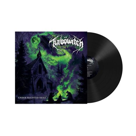 Text: "Under Haunted Skies". Eine grüne und violette Szene mit einem unheimlichen Haus und drei Gestalten.