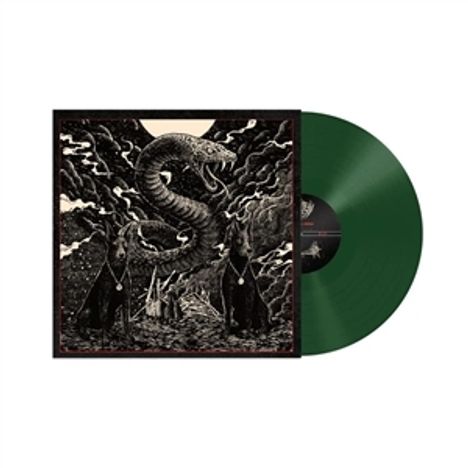 Grünes Vinyl mit einer Illustration: Eine große, gewundene Schlange thront über zwei schwarzen Pferden in düsterer Umgebung.