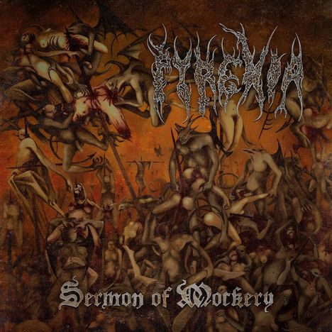 Logo mit Texten: "Sermon of Mockery". Dunkle, dämonische Kreaturen in chaotischer Szene.