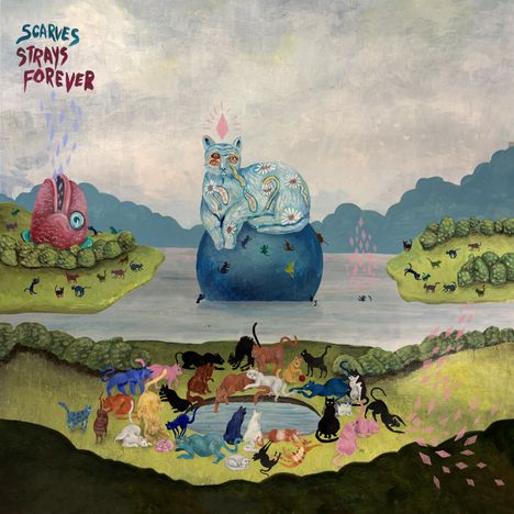 "Scarves Strays Forever" steht oben links. Illustration mit bunten Katzen vor einer surrealen Landschaft und einem großen Wesen.