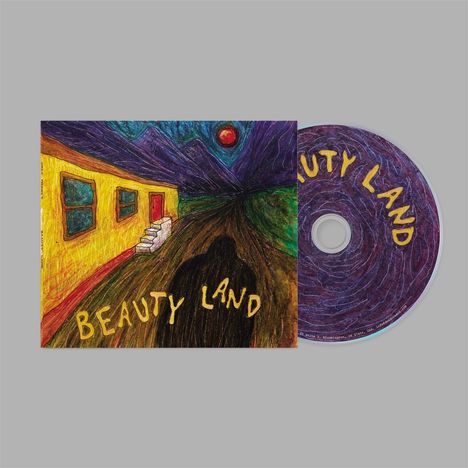 "BEAUTY LAND" ist in gelber Schrift auf einem gemalten CD-Cover und der CD geschrieben.
