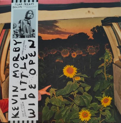 "KEVIN MORBY, A WILD LITTLE WIDE OPEN" steht auf einer Illustration. Ein Sonnenblumenfeld bei Sonnenuntergang ist zu sehen.