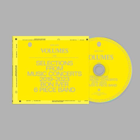 Gelbes CD-Cover: "BON IVER VOLUMES ONE SELECTIONS FROM MUSIC CONCERTS 2019-2023 BON IVER 6 PIECE BAND".