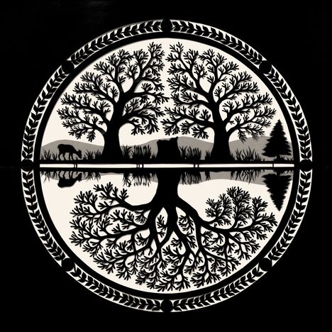 Eine kreisförmige Silhouette zeigt zwei Bäume, die über einem See gespiegelt werden, umgeben von einem verzierenden Rand.