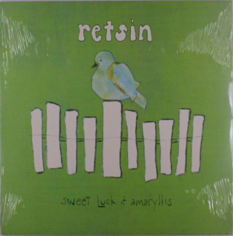 „retsin“ und „sweet Luck f amaryllis“ auf grünem Hintergrund mit Vogel auf einem abstrakten Zaun, Illustration.