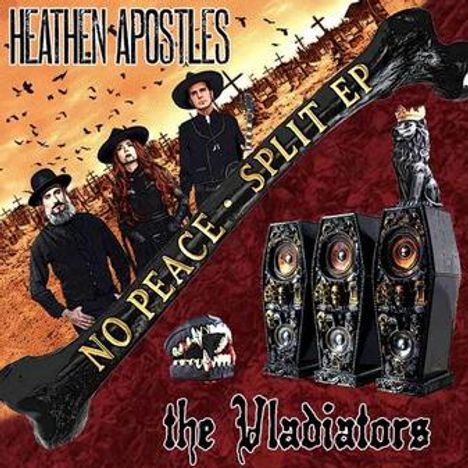 "No Peace - Split EP" und "the Vladiators". Vier Personen in schwarzer Kleidung vor einer ausgedörrten Landschaft.