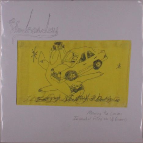 "Wednesday" oben links, "Moving the Leaves Instead of Piling ‘em Up (Covers)" unten rechts. Zeichnung: Auto, Figuren. Gelber Hintergrund.