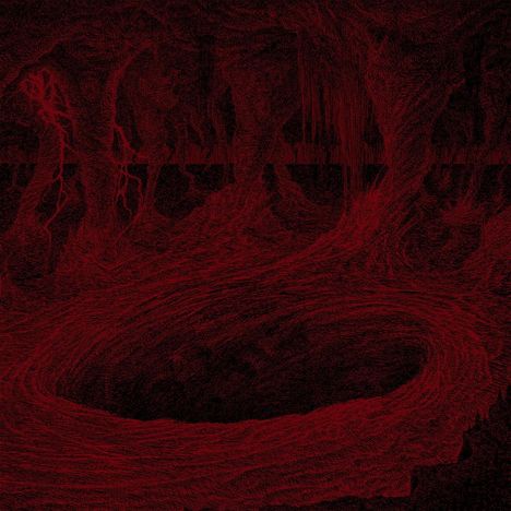 Keine sichtbaren Texte. Eine rot-schwarze Illustration zeigt ein wirbelndes, höhlenartiges Muster.