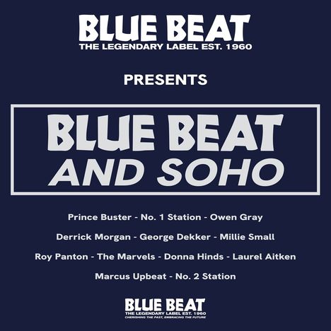"BLUE BEAT AND SOHO" gefolgt von Künstlernamen: Prince Buster, Derrick Morgan, George Dekker und andere.