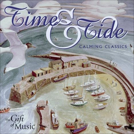 „Time & Tide: Calming Classics“. Ein Küstenort mit Booten im Hafen und einer Möwe im Vordergrund in einer Illustration.