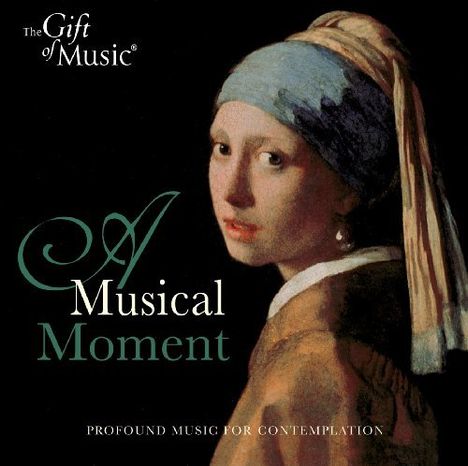 Texte: "A Musical Moment", "PROFOUND MUSIC FOR CONTEMPLATION". Eine Frau mit Turban, inspiriert von Vermeers Gemälde.