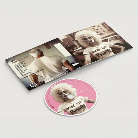 CD-Hülle mit der Aufschrift "WAKE UP PEOPLE!" und einem Bild einer Person mit weißem Haar und Sonnenbrille.