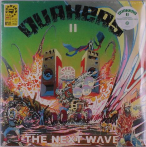 "QUAKERS II THE NEXT WAVE" oben und unten. Illustration mit futuristischen Lautsprechern und lebhaften Farben.