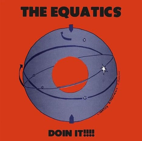 "The Equatics" oben, "Doin It!!!!" unten, ein stilisiertes orangenes und blaues kreisförmiges Design mit Sternen und Pfeilen.