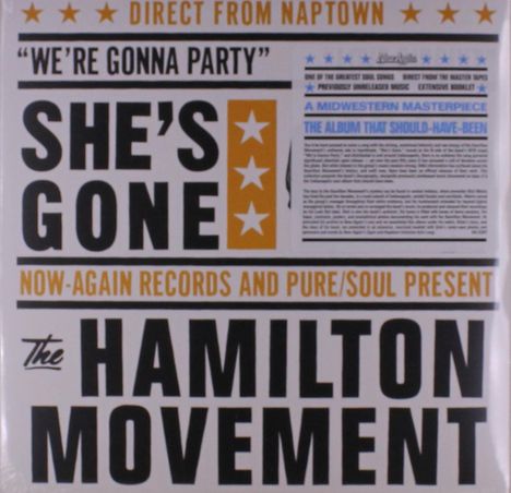 Texte: "WE'RE GONNA PARTY", "SHE'S GONE", "A MIDWESTERN MASTERPIECE", "THE HAMILTON MOVEMENT". Schwarz-goldenes Design.