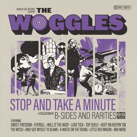 "The Woggles", "Stop and Take a Minute", "B-Sides and Rarities", illustriert mit Retro-Collage in Lila und Schwarz.