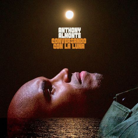 Text: „Anthony Almonte, Conversando con la Luna“. Ein Gesicht schaut unter einem strahlenden Mond über dem Meer.