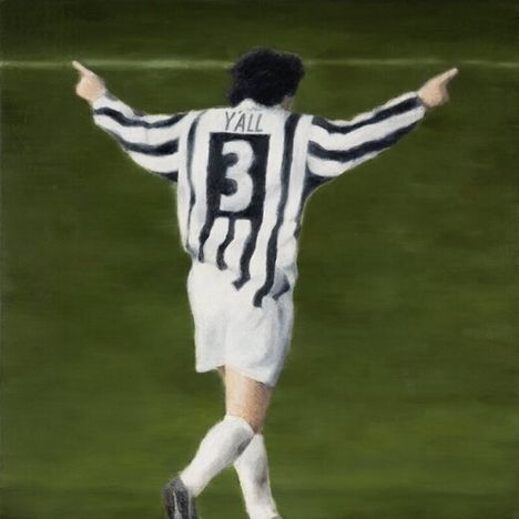 Das Gemälde zeigt einen Fußballspieler mit der Nummer 3 auf gestreiftem Trikot, der jubelnd die Arme hebt.