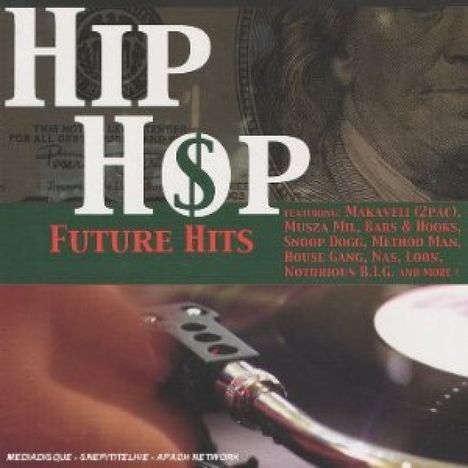 "HIP HOP FUTURE HITS" steht im Zentrum, gefolgt von Künstlernamen. Ein Mikrofon und ein Geldschein sind ebenfalls sichtbar.