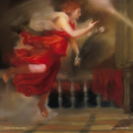 "THOSE WHO WALK AWAY" und "AFTERLIFE REQUIEM" stehen unten. Ein Engel in Rot, schwebend, mit Blumen in den Händen.