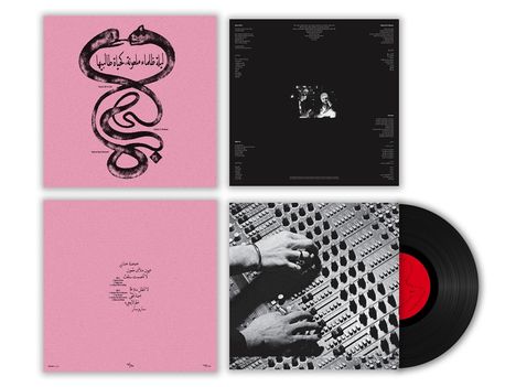 Zwei Schlangen in einer Schleife auf rosa Hintergrund; daneben ein schwarzes Cover mit arabischem Text und Händen an einem Mischpult.