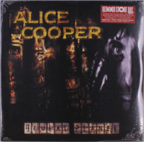 Text: "ALICE COOPER" oben, "BRUTAL PLANET" unten. Dunkles, dystopisches Bild mit einem intensiven Gesicht.