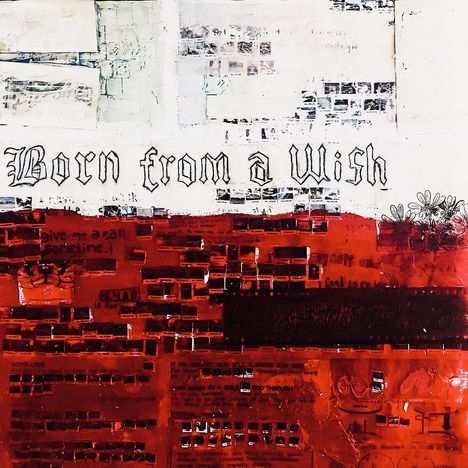 Texte: "Born from a Wish", "Give me a call sometime." Illustration mit roten und weißen Bereichen und floralen Mustern.