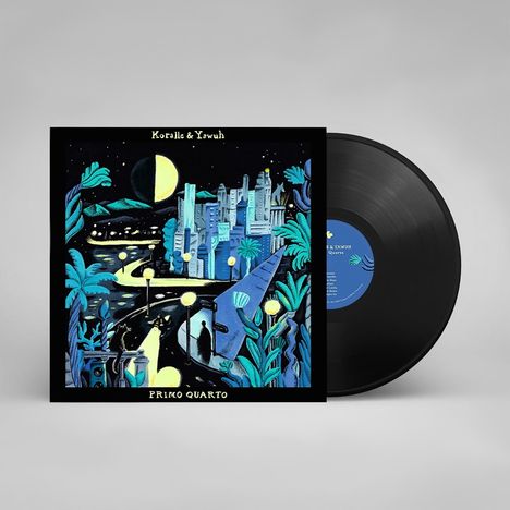 "Koralie & Yawuuh, Primo Quarto." Bunte Illustration: Nachtszene mit Stadt, Pflanzen, beleuchteten Wegen und Halbmond. Vinyl vorhanden.