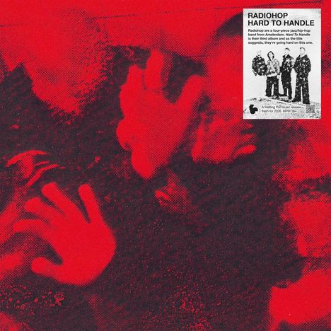 „RADIOHOP HARD TO HANDLE“ – Jazz/Hip-Hop-Band aus Amsterdam. Albumtitel in Schwarz-Weiß-Foto, rote Hände im Hintergrund.