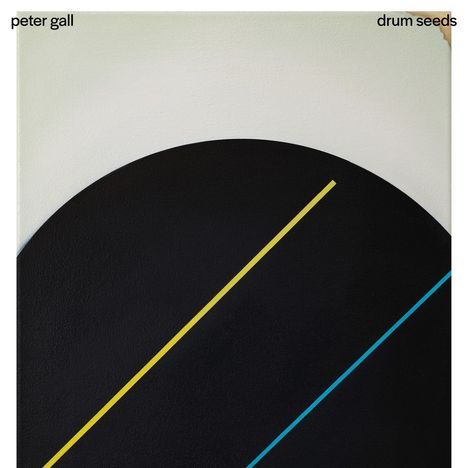 Oben links "peter gall", oben rechts "drum seeds". Halber schwarzer Kreis mit gelber und blauer Linie auf weißem Hintergrund.