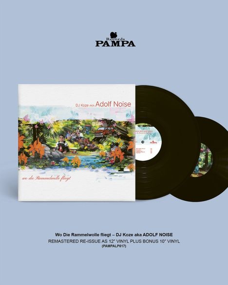 „Wo Die Rammelwolle fliegt“ – DJ Koze aka Adolf Noise. Bunte, naturreiche Illustration, zwei Schallplatten im Hintergrund.