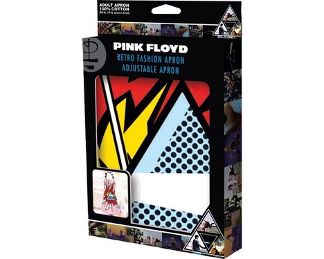 "PINK FLOYD" und "RETRO FASHION APRON" steht oben. Darunter ein geometrisches Design in Rot, Gelb und Blau. Verpackungsdesign.