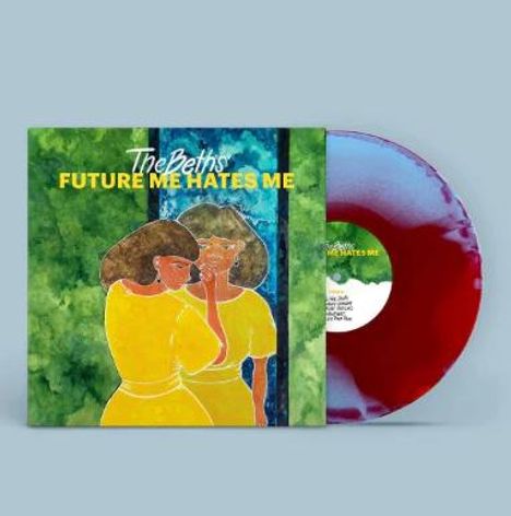 "The Beths FUTURE ME HATES ME" steht auf einem Albumcover. Illustration: Zwei Frauen in Gelb vor grünem Hintergrund.