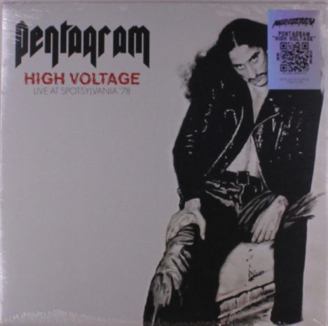 "Pentagram High Voltage Live at Spotsylvania '78." Schwarz-weiße Illustration eines Mannes in Lederjacke.