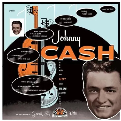 Johnny Cash, Hot and Blue Guitar. Songtitel in Sprechblasen, Bild zeigt Gitarre und lächelndes Porträt von Cash.