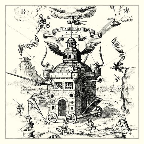 "The Barr Brothers" auf einem Banner. Ein fantastisches, fahrbares Gebäude mit Flügeln und Soldatenfiguren in surrealer Landschaft.