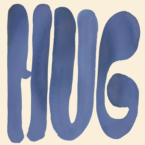 Große, blau gefärbte Buchstaben "HUG" auf hellbeigem Hintergrund, in Aquarellstil gestaltet.