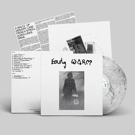 "Early Worm" ist handgeschrieben auf einem Albumcover mit Schwarz-Weiß-Foto einer Person. Graue Schallplatte sichtbar.