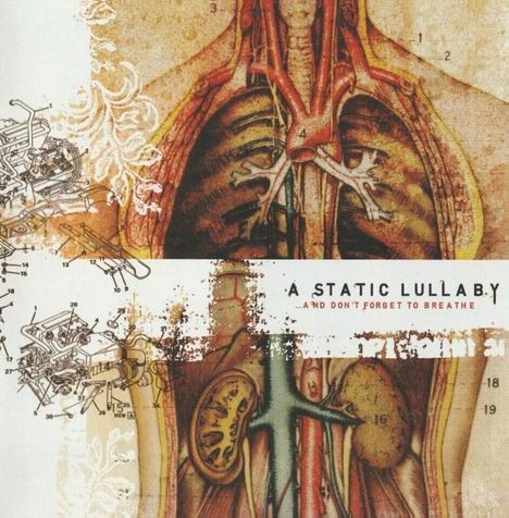 "A Static Lullaby" und "And Don't Forget to Breathe" auf einer Illustration von Organen mit mechanischen Skizzen.