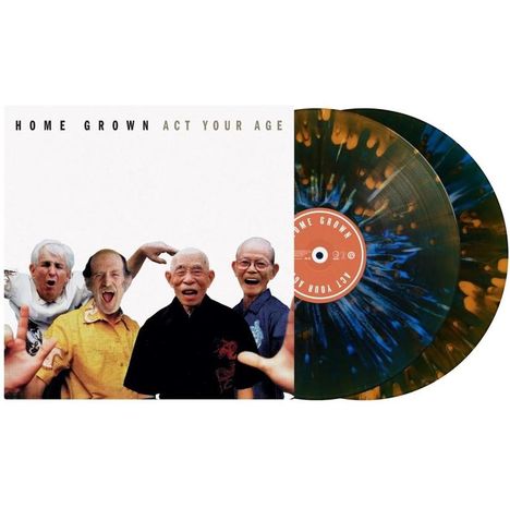 "HOME GROWN ACT YOUR AGE" steht oben. Fünf fröhliche ältere Personen gestikulieren, daneben bunte Schallplatten.