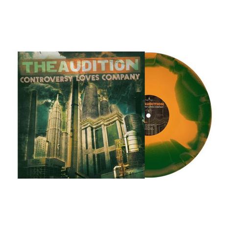 THE AUDITION, CONTROVERSY LOVES COMPANY. Albumcover mit Wolkenkratzern und orange-grüner Schallplatte.