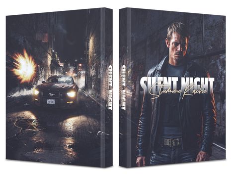 "Silent Night Stille Rache" auf einer urbanen Szenerie mit einem Auto und Explosion; ein Mann in Lederjacke.