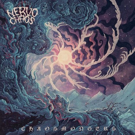 "NERVO CHAOS" und "CHAOSMONGERS" in kunstvoller Schrift, mit surrealen, mystischen Landschaften und wirbelnden Formen.