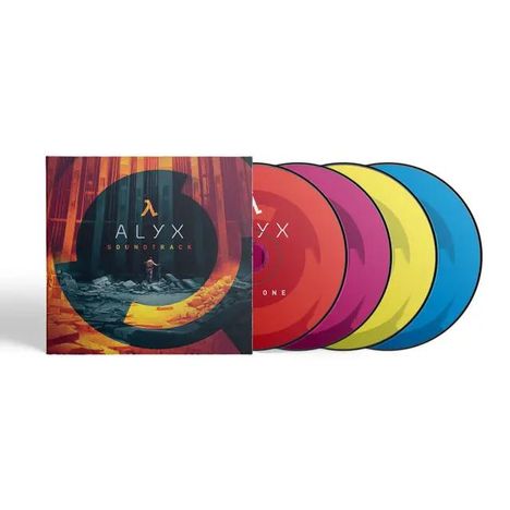 "Alyx Soundtrack" steht auf dem Cover. Fünf bunte Schallplatten: Rot, Pink, Gelb, Blau und eine mit Cover-Bild.