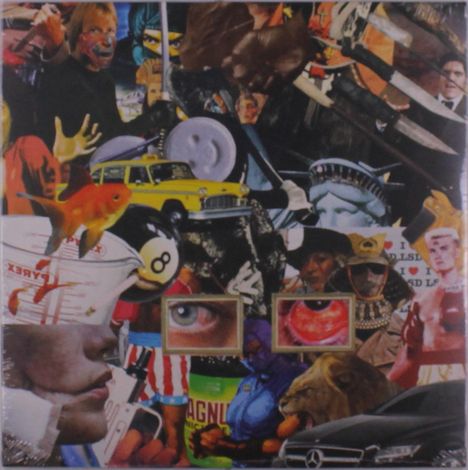 Collage mit Augen, gelbem Auto, Fisch, Freiheitsstatue, einer Raubkatze, Personen und verschiedenen Objekten.