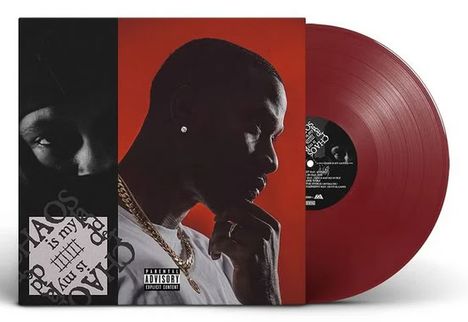 Texte: "Chaos is my lad." Porträt eines nachdenklichen Mannes, daneben eine Schallplatte mit rotem Vinyl.