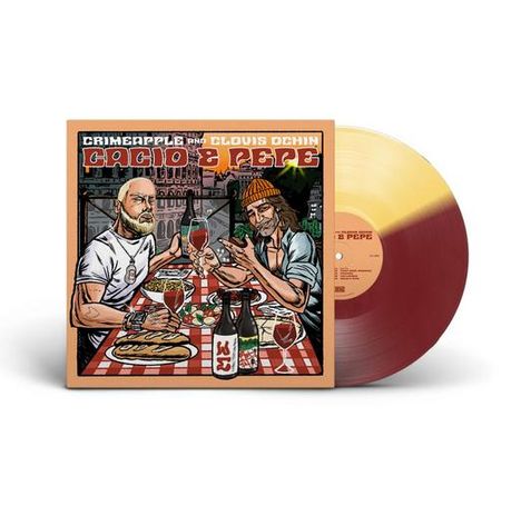 Text: "Crimeapple & Clovis Ochin Cacio e Pepe". Illustration: Zwei Männer sitzen an einem Tisch mit Essen und Getränken.