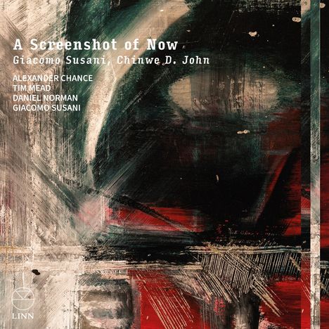 "A Screenshot of Now" von Giacomo Susani, Chinwe D. John. Namen: Alexander Chance, Tim Mead, Daniel Norman, Giacomo Susani. Abstrakte Kunst mit intensiven Pinselstrichen und dunklen Farbtönen.