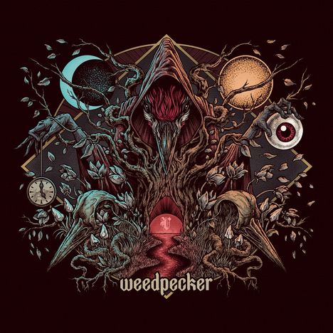 „weedpecker“: Illustration eines Baumes mit Vogelkopf, Kapuze, Zweigen, Mond, Uhr und einem großen Auge.